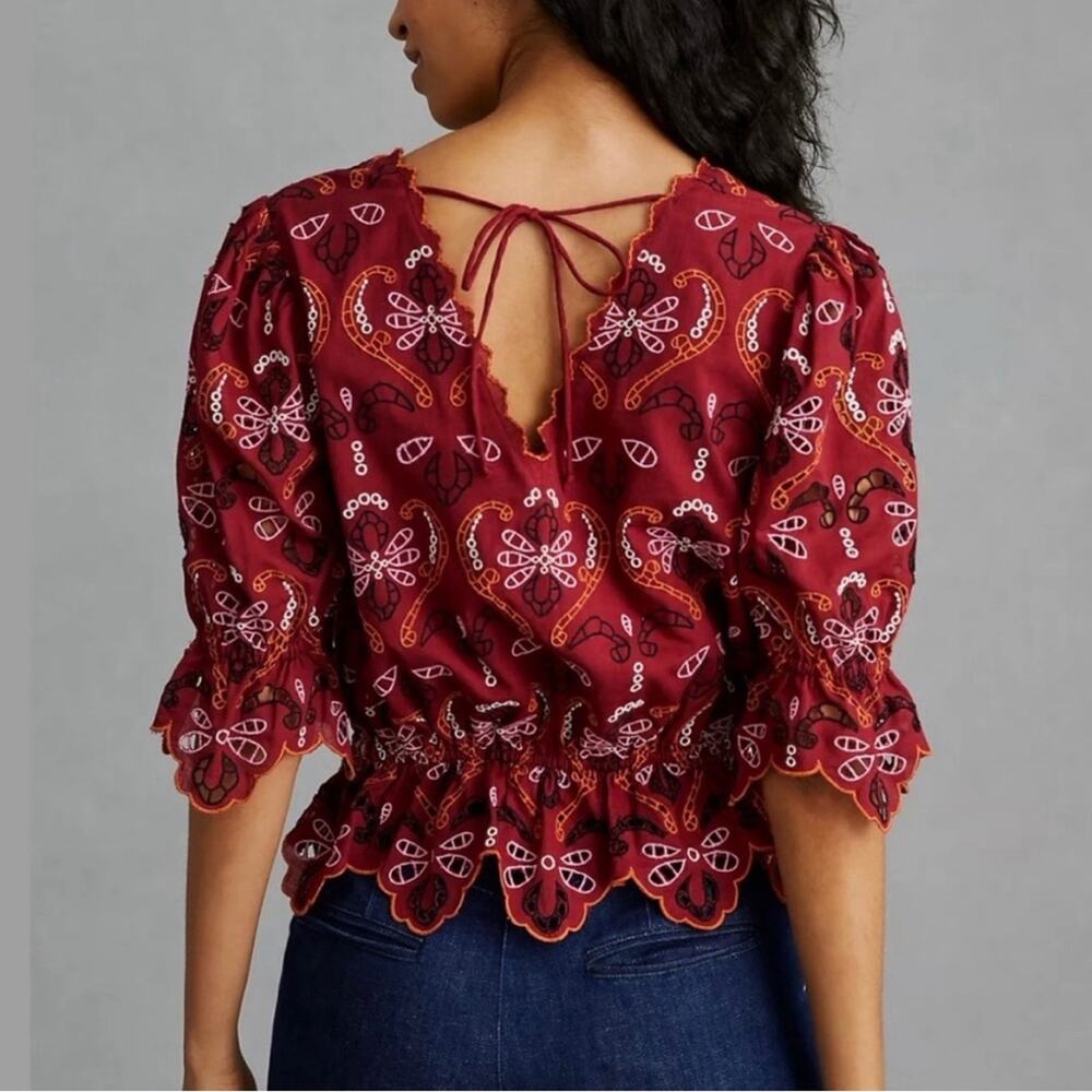 Anthropologie Women’s Deep Red Eyelet Blouse XS - Picture 2 of 10